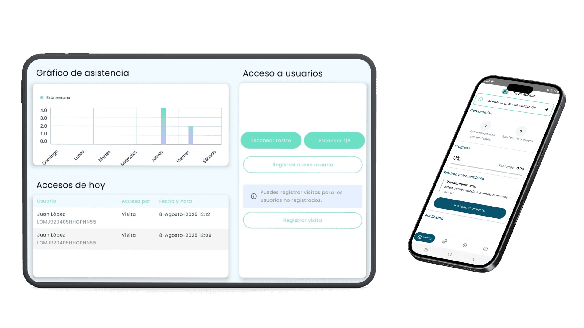 Pantalla principal de GymAcceso mostrando el control de acceso al gimnasio